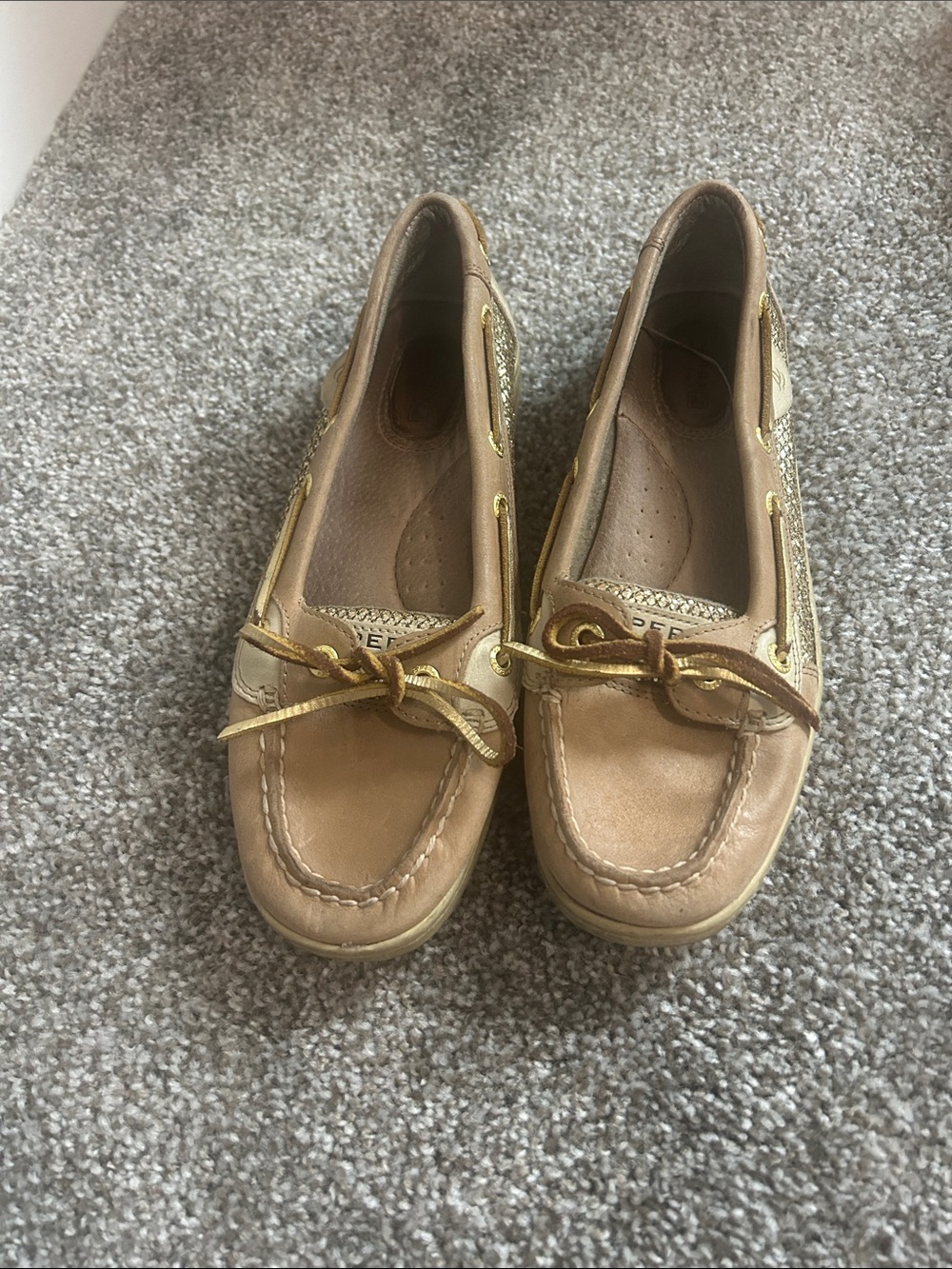 Women’s Tan Leather Boat Shoes with Gold Accent - Picture 1 of 3